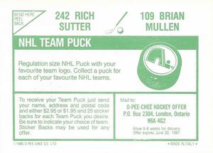 1986-87 O-Pee-Chee Stickers #109 / 242 Brian Mullen / Rich Sutter Back