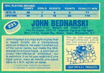1976-77 O-Pee-Chee #231 John Bednarski Back