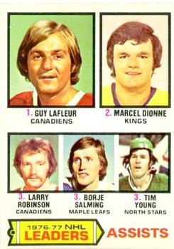 1977-78 O-Pee-Chee #2 1976-77 NHL Leaders Assists (Guy LaFleur / Marcel Dionne / Larry Robinson / Borje Salming / Tim Young) Front