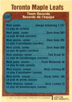 1977-78 O-Pee-Chee #337 Toronto Maple Leafs Records Back