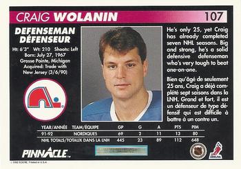 1992-93 Pinnacle Canadian #107 Craig Wolanin Back