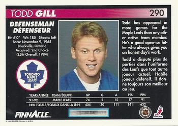 1992-93 Pinnacle Canadian #290 Todd Gill Back