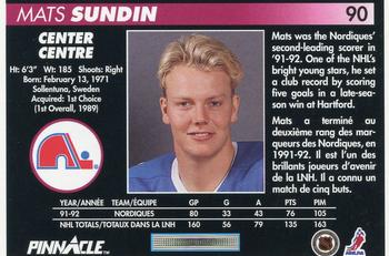 1992-93 Pinnacle Canadian #90 Mats Sundin Back