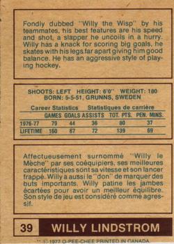 1977-78 O-Pee-Chee WHA #39 Willy Lindstrom Back