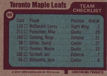 1977-78 Topps #86 Toronto Maple Leafs Back