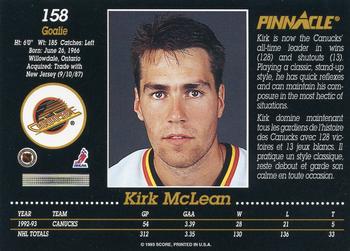 1993-94 Pinnacle Canadian #158 Kirk McLean Back