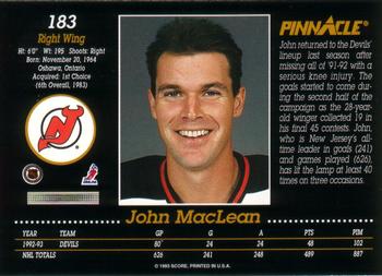 1993-94 Pinnacle Canadian #183 John MacLean Back