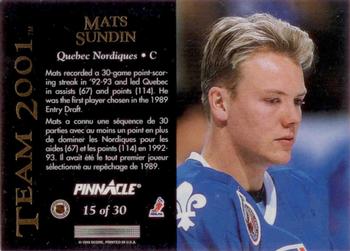 1993-94 Pinnacle Canadian - Team 2001 #15 Mats Sundin Back