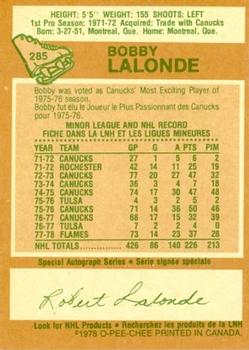 1978-79 O-Pee-Chee #285 Bobby Lalonde Back