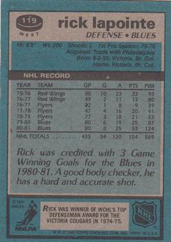 1981-82 Topps #W119 Rick Lapointe Back