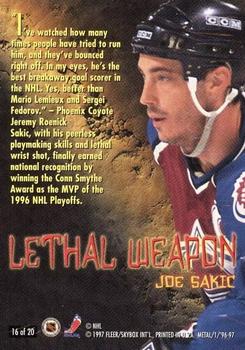 1996-97 Metal Universe - Lethal Weapons Super Power #16 Joe Sakic Back