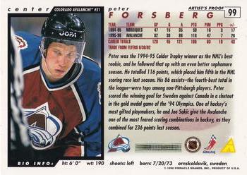 1996-97 Score - Artist's Proofs #99 Peter Forsberg Back