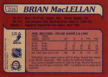 1985-86 O-Pee-Chee #204 Brian MacLellan Back