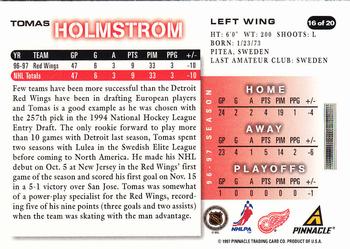 1997-98 Score Detroit Red Wings #16 Tomas Holmstrom Back