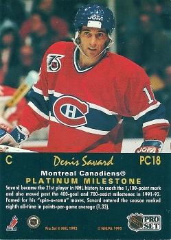 1991-92 Pro Set Platinum - Collectibles #PC18 Denis Savard Back