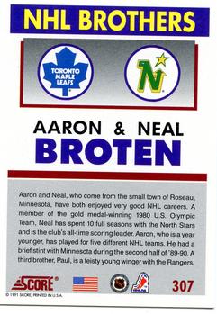 1991-92 Score American #307 Aaron Broten / Neal Broten Back