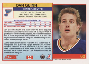 1991-92 Score Canadian Bilingual #62 Dan Quinn Back
