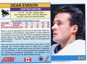 1991-92 Score Canadian Bilingual #641 Dean Evason Back