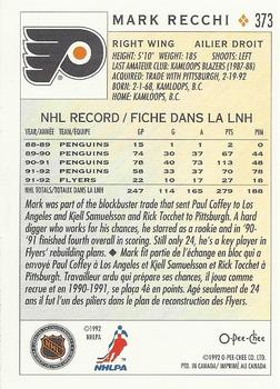 1992-93 O-Pee-Chee #373 Mark Recchi Back