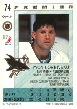 1992-93 O-Pee-Chee Premier #74 Yvon Corriveau Back