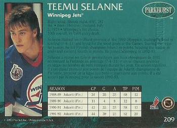 1992-93 Parkhurst - Emerald Ice #209 Teemu Selanne Back