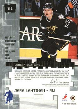 1999-00 Be a Player Millennium Signature Series - Autographs Gold #81 Jere Lehtinen Back