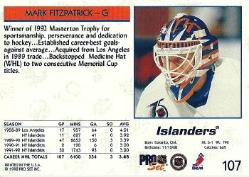 1992-93 Pro Set #107 Mark Fitzpatrick Back
