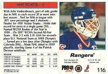 1992-93 Pro Set #116 Mike Richter Back
