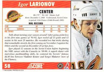 1992-93 Score #58 Igor Larionov Back