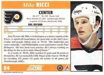 1992-93 Score #84 Mike Ricci Back