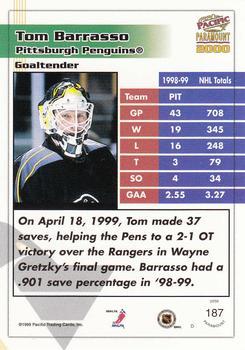 1999-00 Pacific Paramount - Ice Blue #187 Tom Barrasso Back