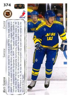 1992-93 Upper Deck #374 Mats Sundin Back