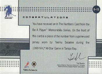 2000-01 Be a Player Memorabilia - In the Numbers Memorabilia Game Jersey Numbers #N-15 Teemu Selanne Back