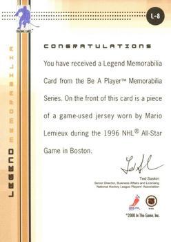 2000-01 Be a Player Memorabilia - Legend Memorabilia: Mario Lemieux #L-8 Mario Lemieux Back