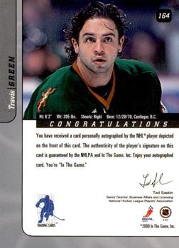 2000-01 Be a Player Signature Series - Autographs #164 Travis Green Back