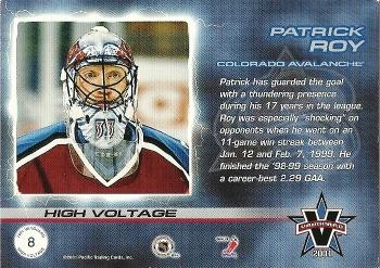 2000-01 Pacific Vanguard - High Voltage #8 Patrick Roy Back