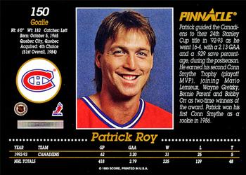 1993-94 Pinnacle #150 Patrick Roy Back
