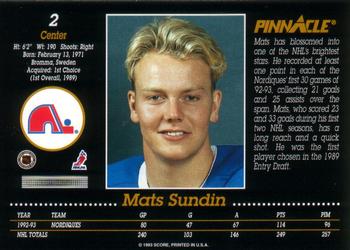 1993-94 Pinnacle #2 Mats Sundin Back