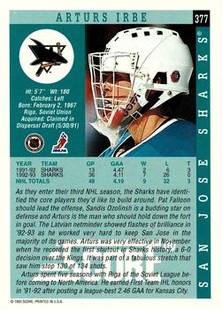 1993-94 Score #377 Arturs Irbe Back