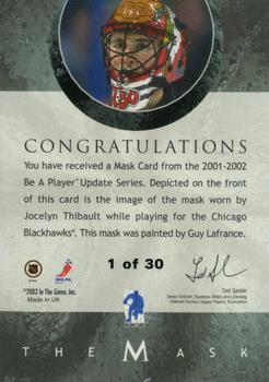 2001-02 Be a Player Between the Pipes - The Mask Gold #NNO Jocelyn Thibault Back