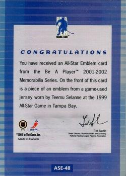 2001-02 Be a Player Memorabilia - All-Star Emblems #ASE-48 Teemu Selanne Back