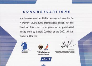 2001-02 Be a Player Memorabilia - All-Star Jerseys #ASJ-19 Sandis Ozolinsh Back