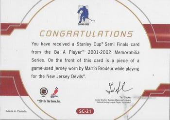 2001-02 Be a Player Memorabilia - Stanley Cup Playoffs #SC-21 Martin Brodeur Back