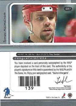 2001-02 Be a Player Signature Series - Autographs #037 Tomas Holmstrom Back