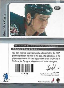 2001-02 Be a Player Signature Series - Autographs Gold #008 Rostislav Klesla Back