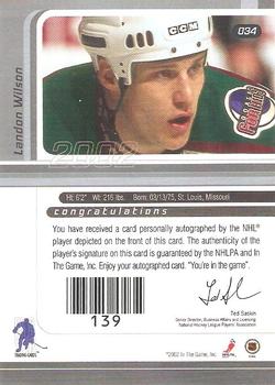 2001-02 Be a Player Signature Series - Autographs Gold #034 Landon Wilson Back