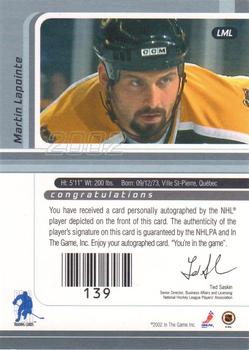 2001-02 Be a Player Signature Series - Autographs Gold #LML Martin Lapointe Back