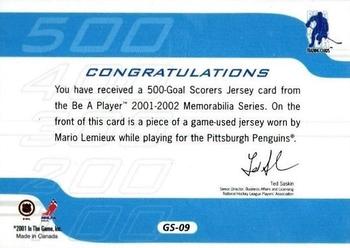 2001-02 Be a Player Memorabilia - 500 Goal Scorers Jersey #GS-09 Mario Lemieux Back