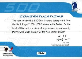 2001-02 Be a Player Memorabilia - 500 Goal Scorers Jersey #GS-24 Pat Verbeek Back