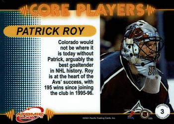 2001-02 Pacific Atomic - Core Players #3 Patrick Roy Back